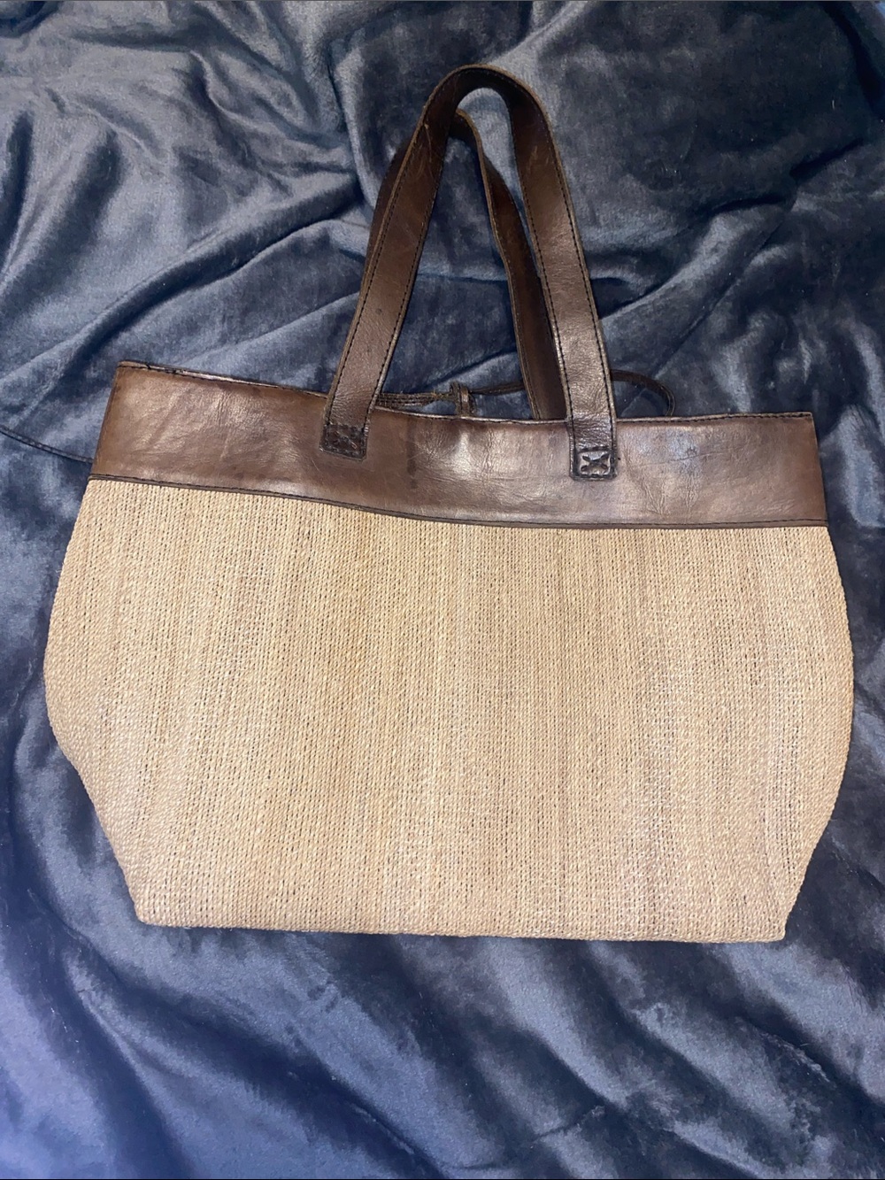 Bina Ramani Natural Straw Tote with Dark Brown Leather Trim and Handles